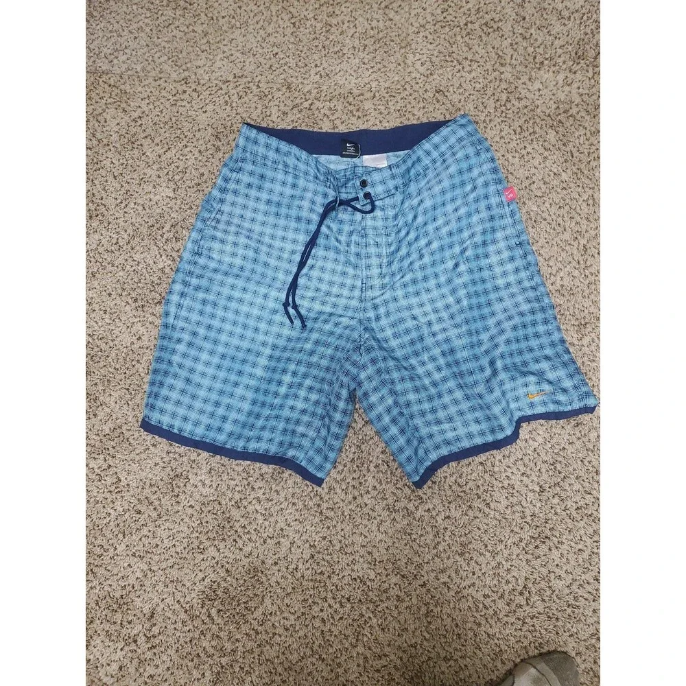 Mens NIKE VB Swim Trunks SIZE M / 36 ~ Blue Plaid Orange Shorts